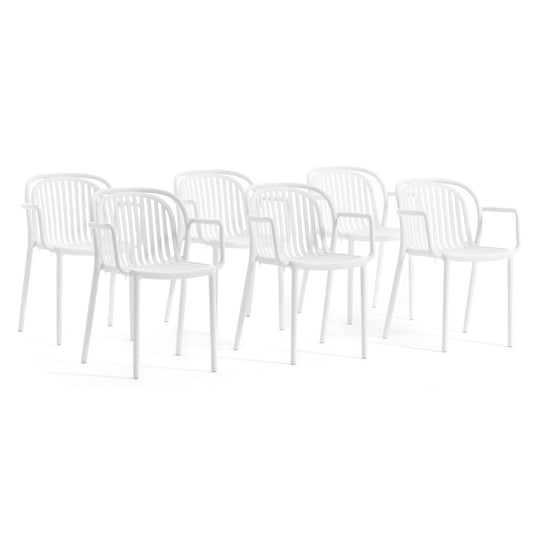 Eloisa – sedia da esterno in resina con struttura a listelli, colore bianco, seduta con braccioli
