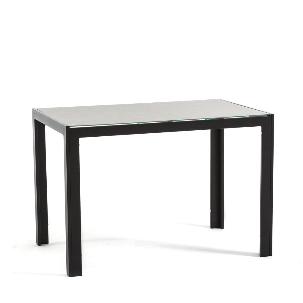 Milo XS – tavolo in alluminio con piano in vetro decorato, struttura antracite, top tavolo granito
